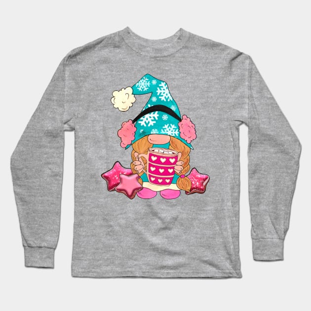 Cute Gnome with Hot Cocoa Long Sleeve T-Shirt by Designs by Ira